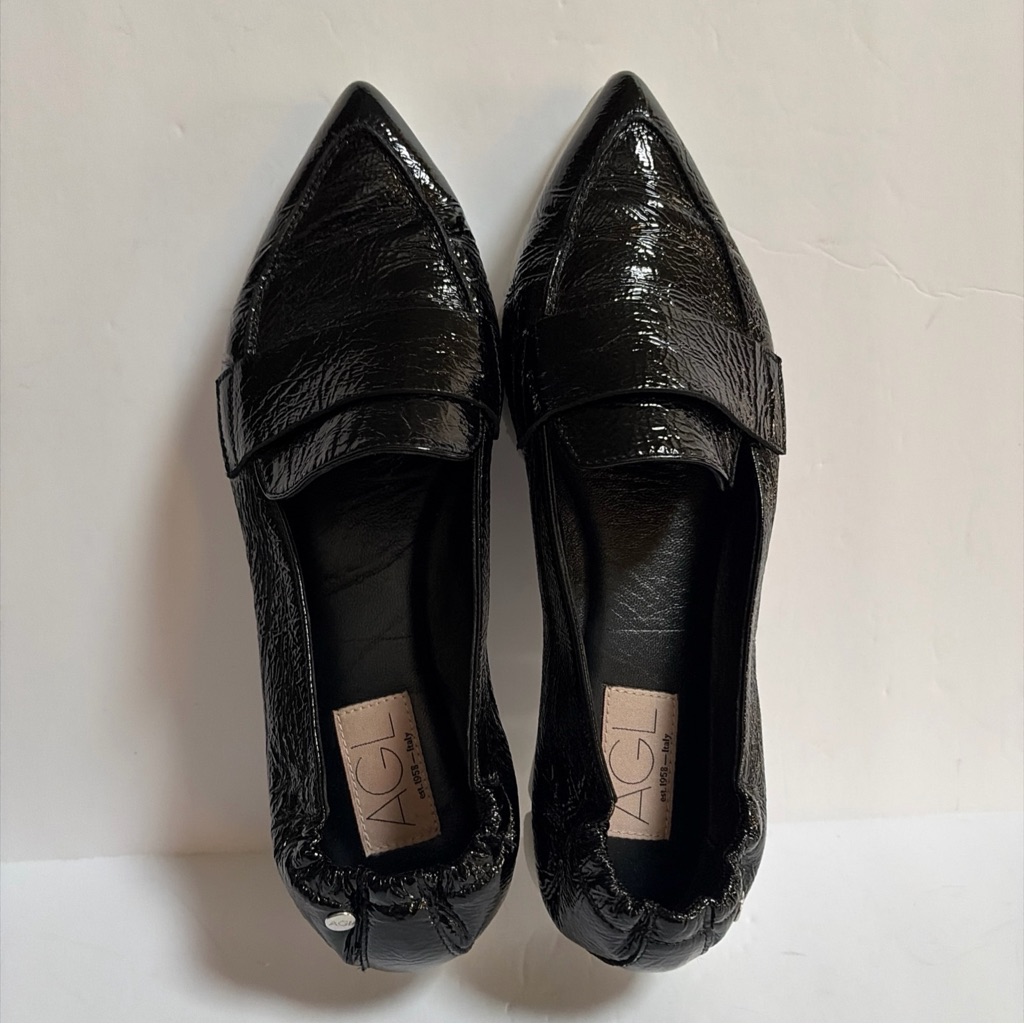 Agl Micro Pointed Toe Loafers Platform Black Patent Leather Size 9 Eu39